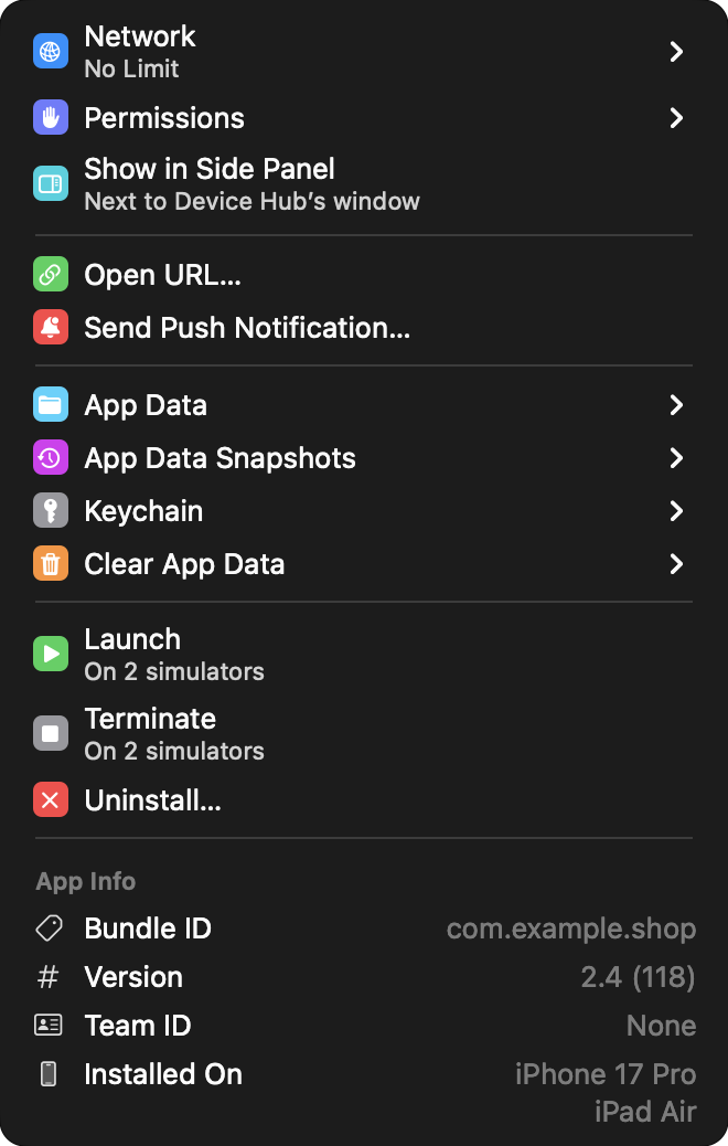 Per-app submenu for Acme Shop: Network, Permissions, Show in Side Panel, Open URL, Send Push Notification, App Data, App Data Snapshots, Keychain, Clear App Data, Launch, Terminate, Uninstall and App Info