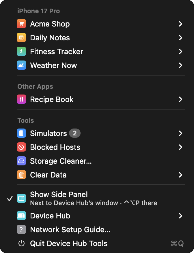Device Hub Tools menu: apps on iPhone 17 Pro, Simulators, Blocked Hosts, Storage Cleaner, Clear Data, Show Side Panel, Device Hub and Network Setup Guide