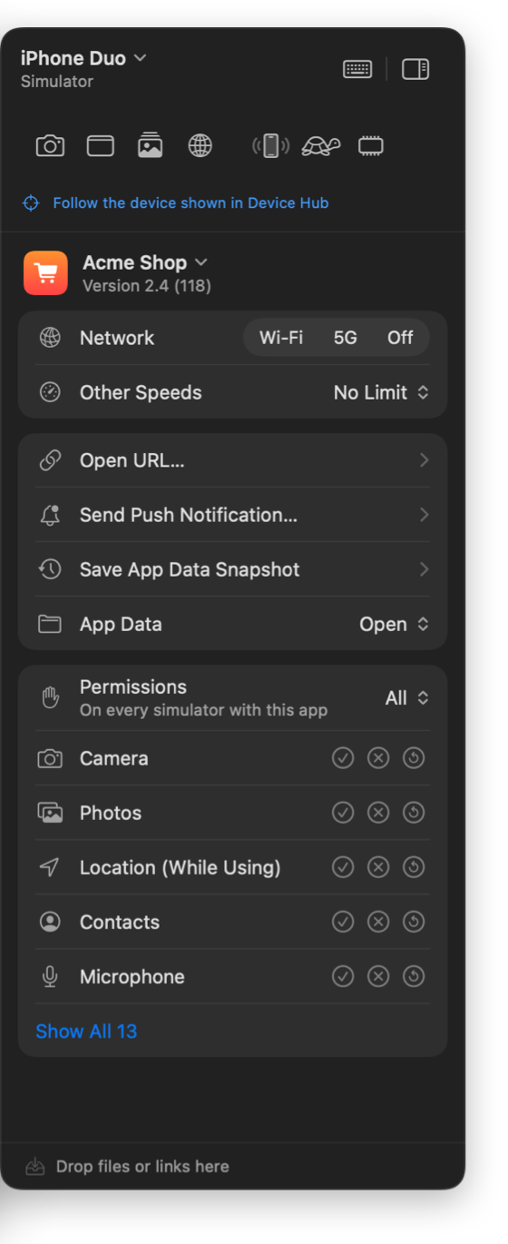 The Device Hub Tools side panel, surrounded by its features: per-app network throttling, flaky network presets, deep links, push notifications, app data snapshots, per-app keychain delete, framed screenshots, shake and memory warning shortcuts, permissions, Storage Cleaner and more