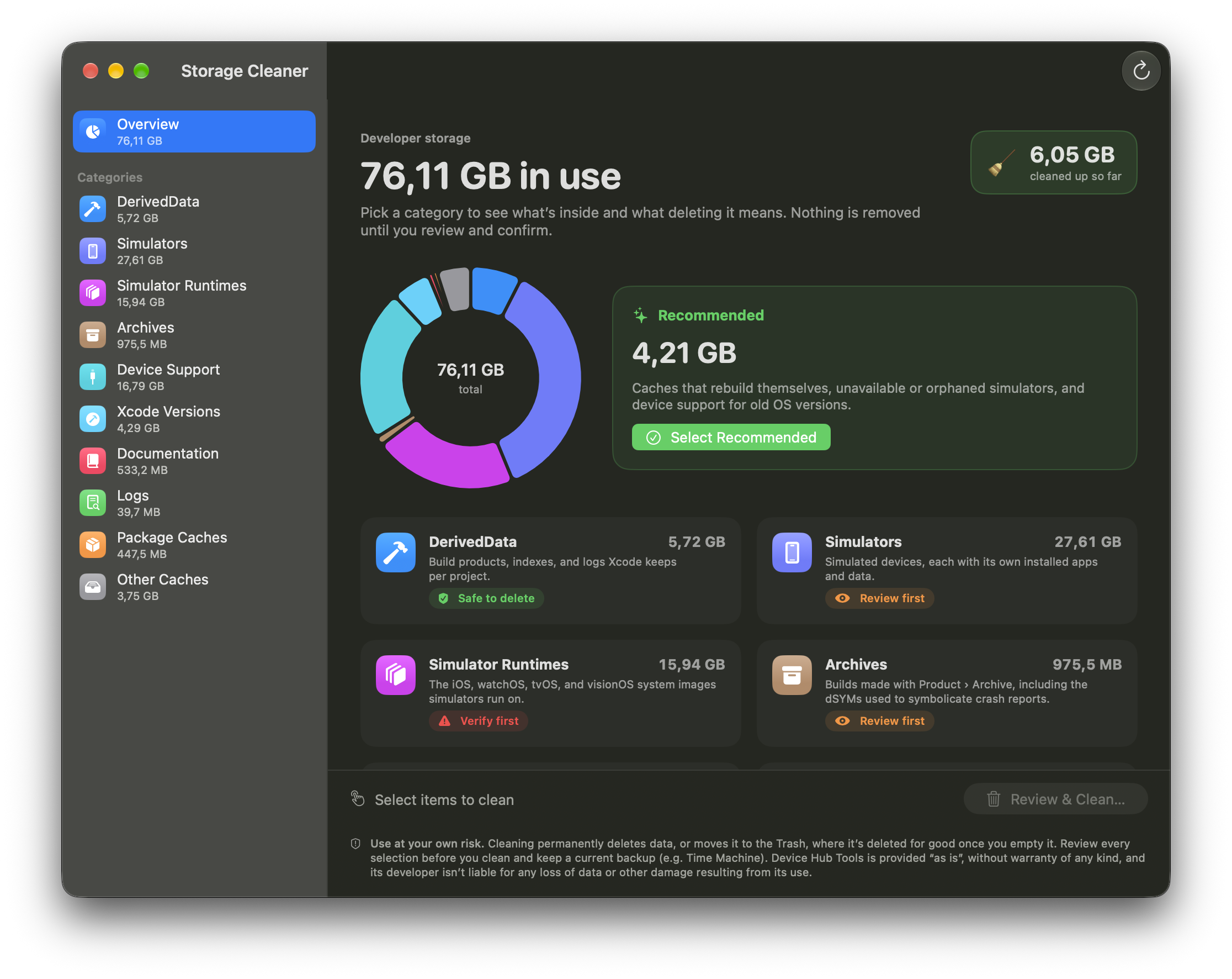 Storage Cleaner window: 76 GB of developer storage in use, split into DerivedData, Simulators, Simulator Runtimes, Archives, Device Support, installed versions, Documentation, Logs, Package Caches and Other Caches, with a Recommended selection and safety labels per category